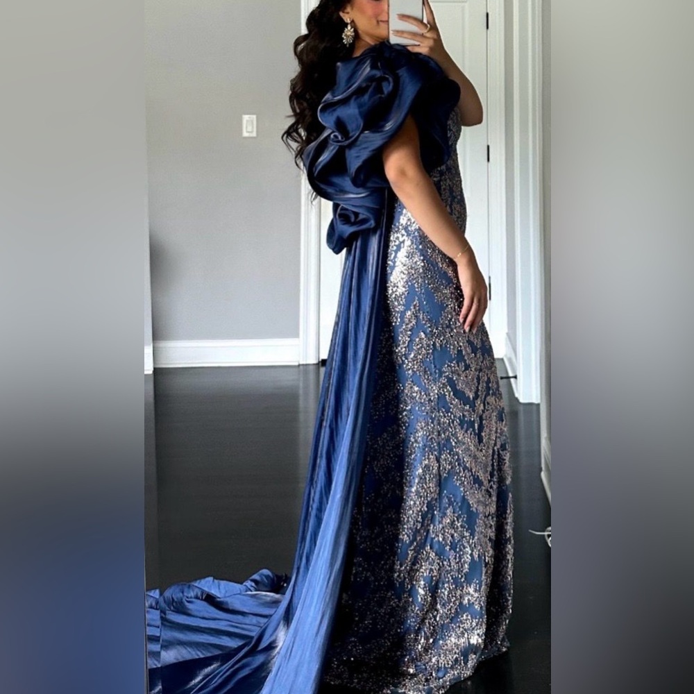 Extravagant / fancy Navy and Gold / champagne Evening Gown or prom dress